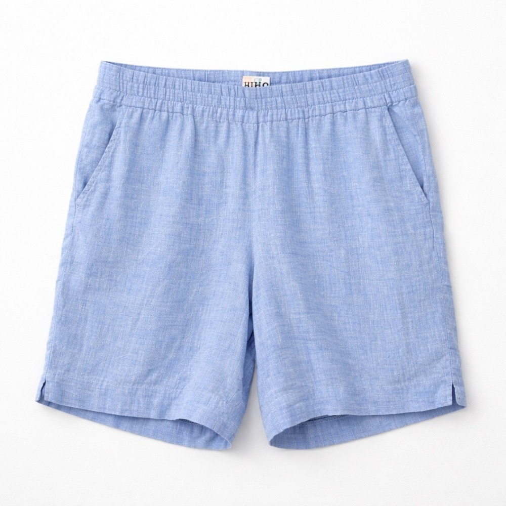 HIHO Men's 100% Linen Elastic Waist Resort Beach Shorts Blue Men's Small